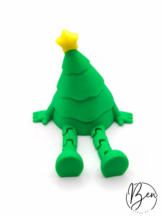 Árbol de Navidad verde con estrella amarilla, manos y piernas articuladas