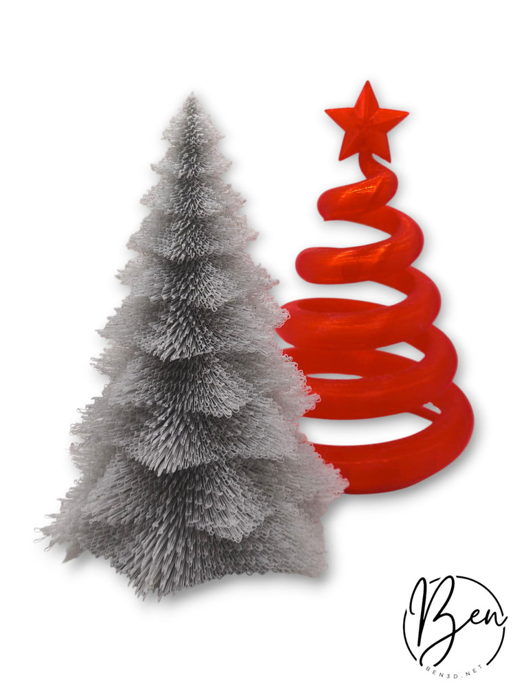 Árbol navideño gris texturizado junto a un árbol rojo en espiral coronado por una estrella